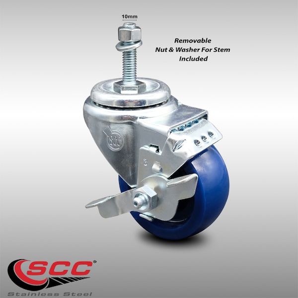 3 Inch SS Solid Polyurethane Swivel 10mm Threaded Stem Caster with Brake SCC